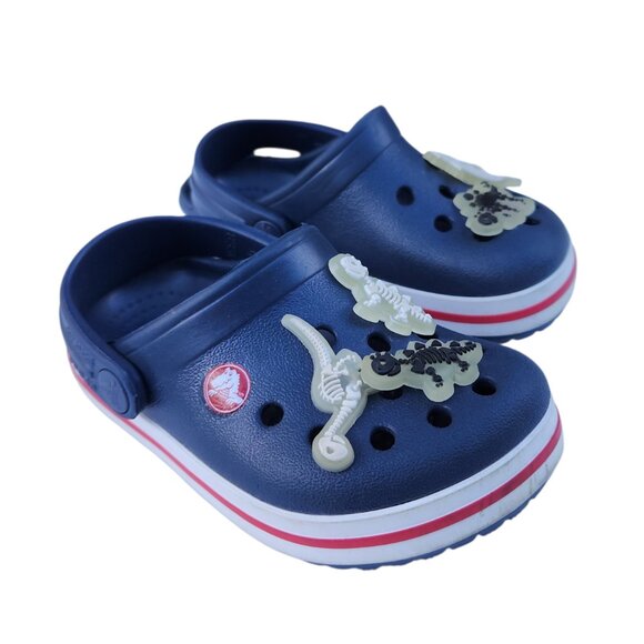 Crocs Kids Crocband Navy Blue Red White Stripes Clogs w/ Dinosaur Charms Size C6 - Picture 1 of 8